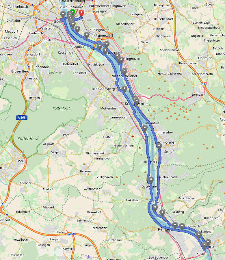 Unsere Tour von Bonn nach Remagen und zurück über Linz, Bad-Honnef und Königswinter